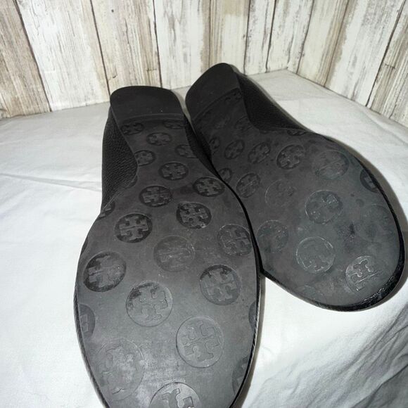 Tory Burch Black Leather Logo Ballet Flats | Classic Round Toe Slip-On Shoes Siz - Picture 8 of 12